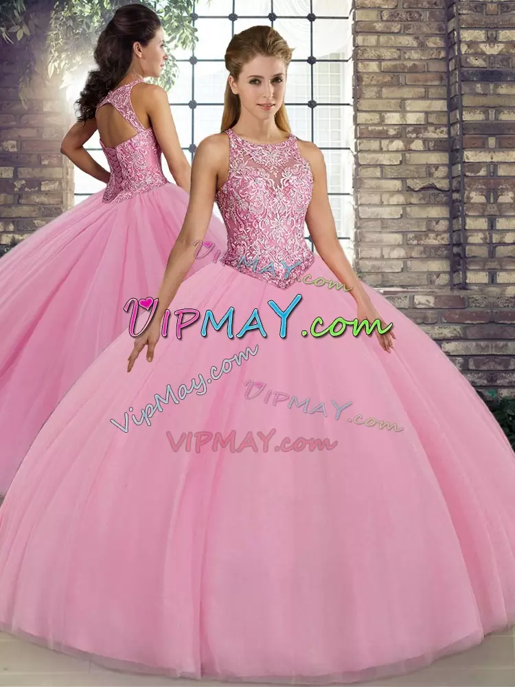 Custom Designed Pink Ball Gowns Tulle Scoop Sleeveless Embroidery Floor Length Lace Up Vestidos de Quinceanera