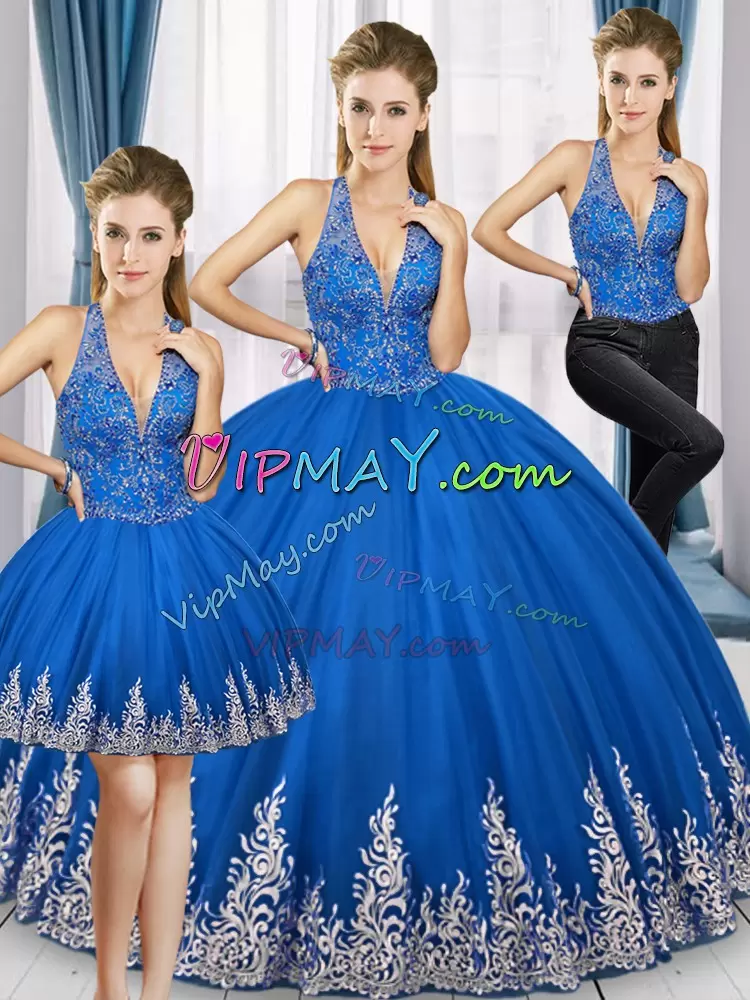 Noble Halter Top Sleeveless 15 Quinceanera Dress Floor Length Beading and Appliques Royal Blue Tulle