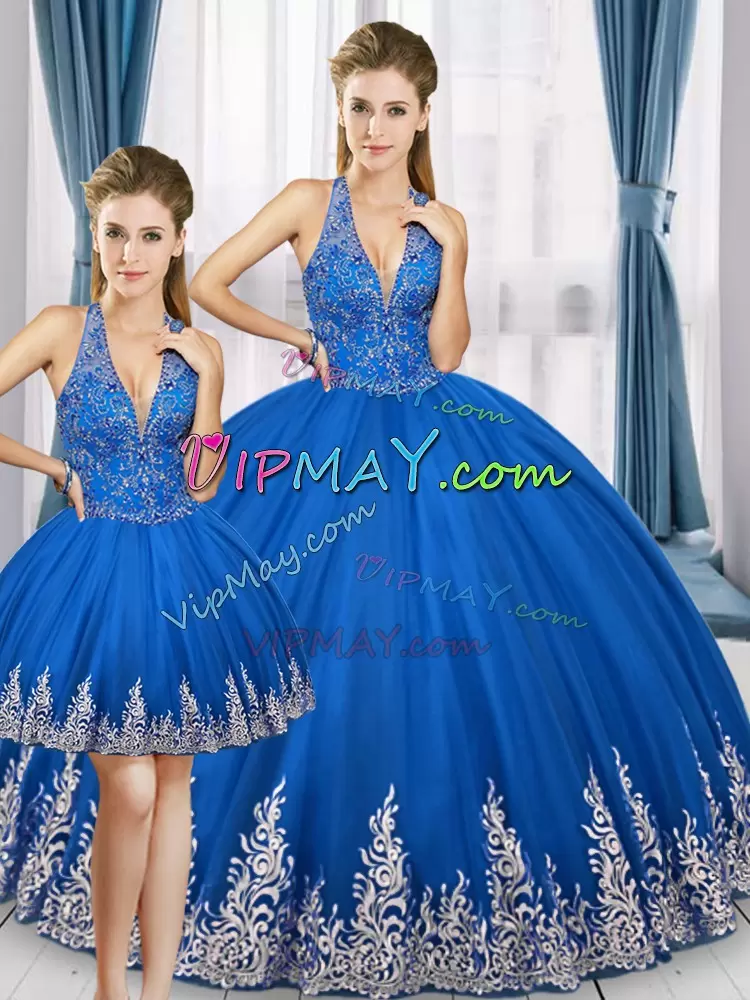 Noble Halter Top Sleeveless 15 Quinceanera Dress Floor Length Beading and Appliques Royal Blue Tulle