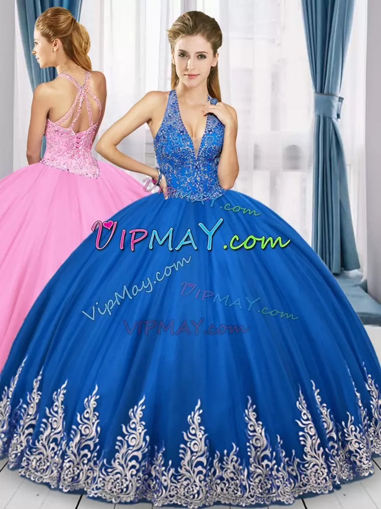 Noble Halter Top Sleeveless 15 Quinceanera Dress Floor Length Beading and Appliques Royal Blue Tulle