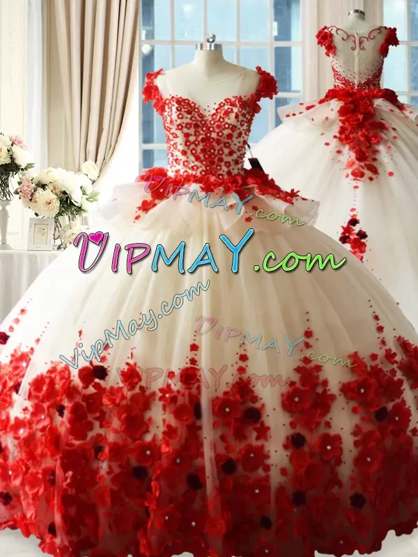 Chic Champagne Red Tulle Brush Train Zipper Sweet 16 Dress with Handmade Flowers