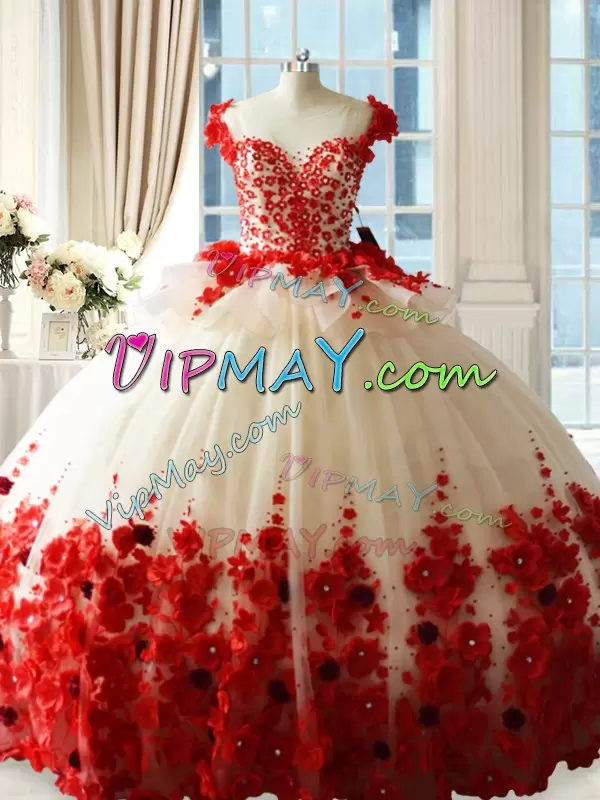 Chic Champagne Red Tulle Brush Train Zipper Sweet 16 Dress with Handmade Flowers