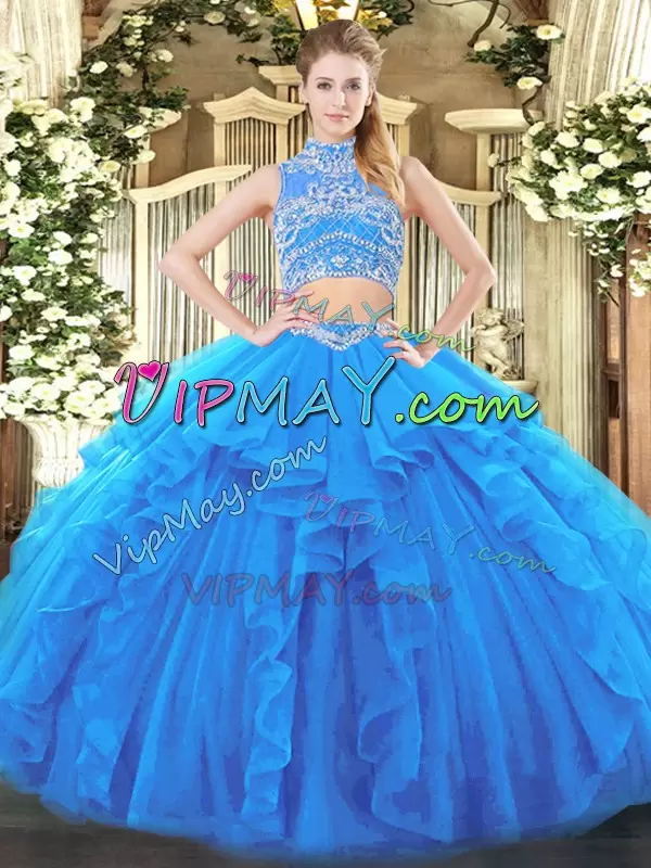 High Quality Baby Blue Sleeveless Floor Length Beading and Ruffles Backless Ball Gown Prom Dress High-neck