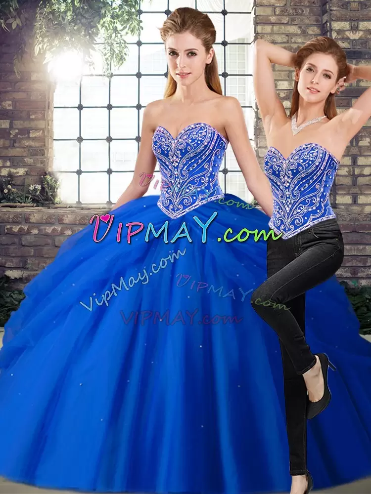 Sweetheart Sleeveless Sweet 16 Dress Brush Train Beading and Pick Ups Royal Blue Tulle