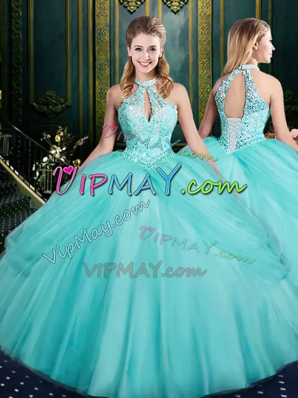 Most Popular Halter Top Sleeveless Lace Up 15 Quinceanera Dress Aqua Blue Tulle Beading and Pick Ups