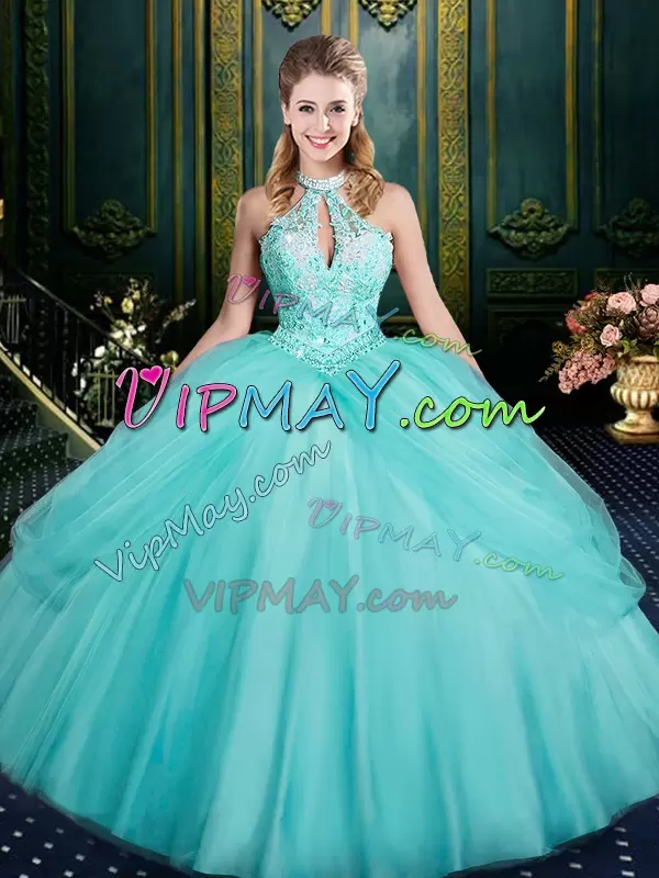 Most Popular Halter Top Sleeveless Lace Up 15 Quinceanera Dress Aqua Blue Tulle Beading and Pick Ups