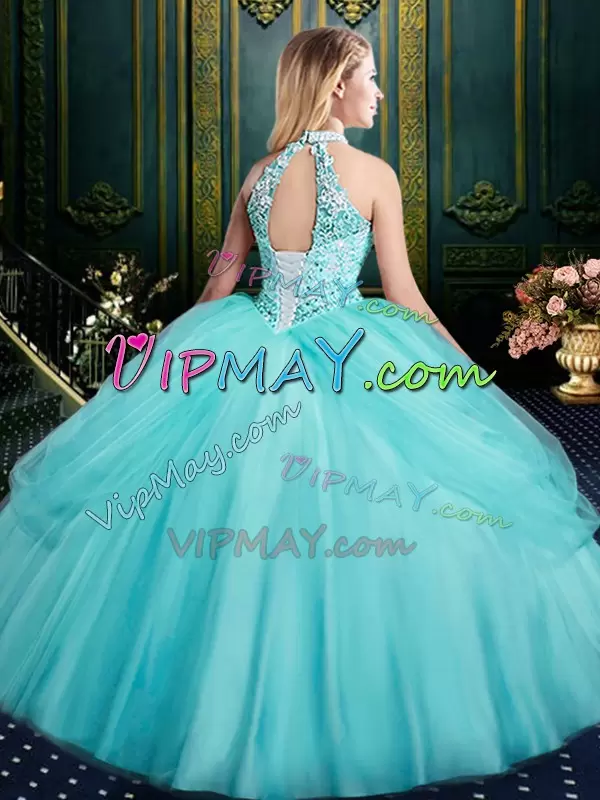 Most Popular Halter Top Sleeveless Lace Up 15 Quinceanera Dress Aqua Blue Tulle Beading and Pick Ups