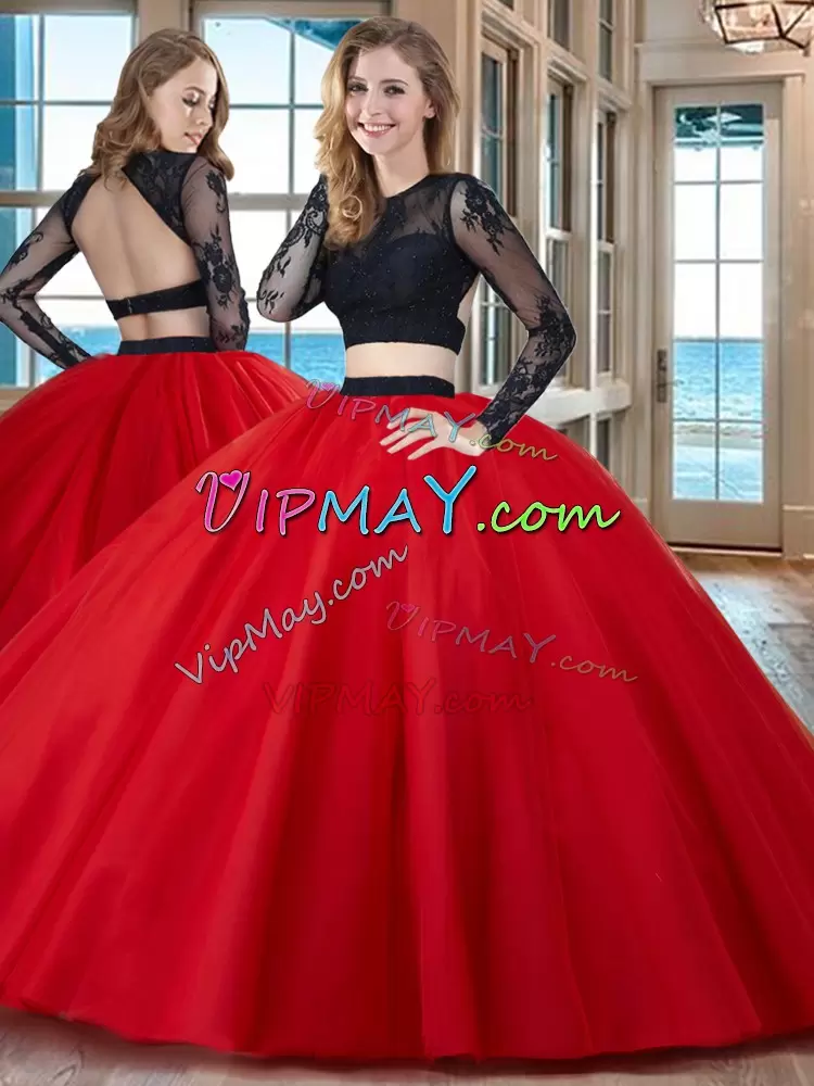 Simple Black and Red Long Sleeves 2 Piece Quinceanera Dress Backless with Scoop Neckline Appliques