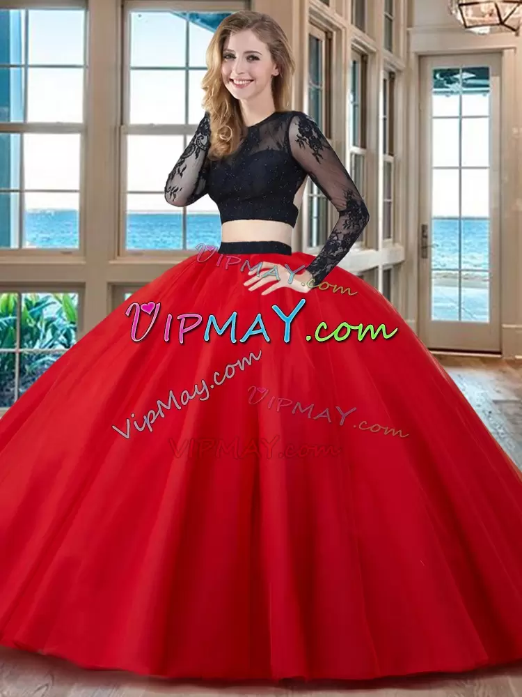 Simple Black and Red Long Sleeves 2 Piece Quinceanera Dress Backless with Scoop Neckline Appliques