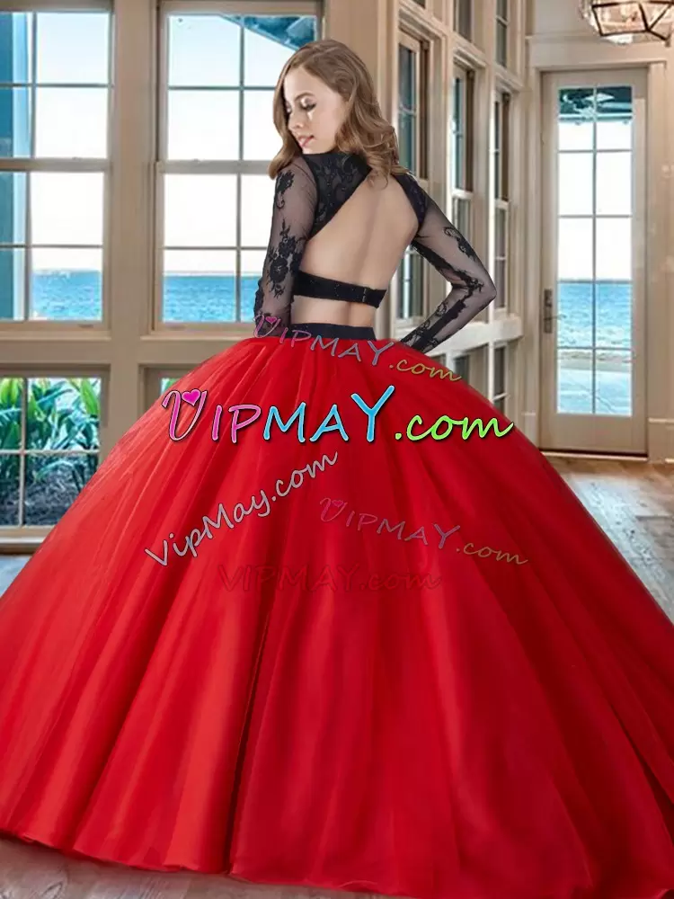 Simple Black and Red Long Sleeves 2 Piece Quinceanera Dress Backless with Scoop Neckline Appliques