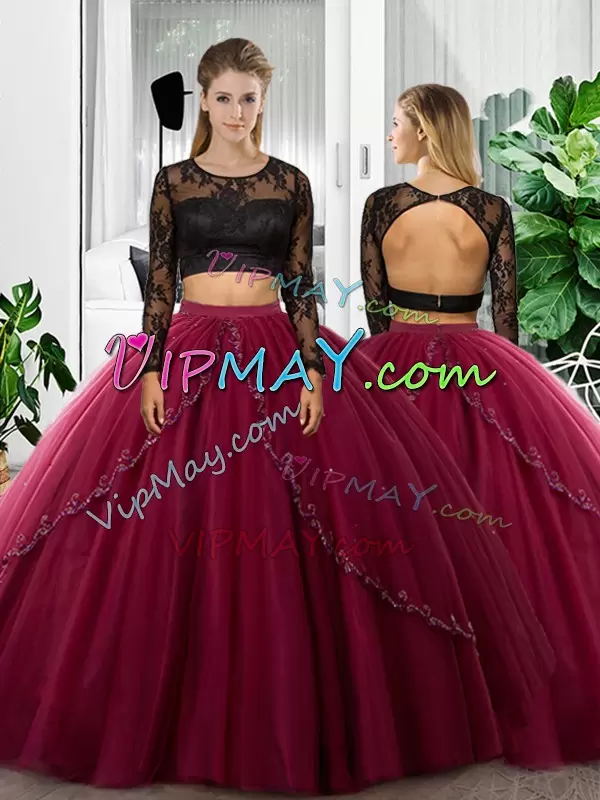 Fuchsia Two Pieces Tulle Scoop Long Sleeves Lace and Ruching Floor Length Backless Sweet 16 Quinceanera Dress