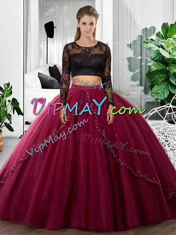 Fuchsia Two Pieces Tulle Scoop Long Sleeves Lace and Ruching Floor Length Backless Sweet 16 Quinceanera Dress