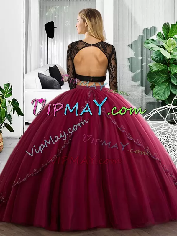 Fuchsia Two Pieces Tulle Scoop Long Sleeves Lace and Ruching Floor Length Backless Sweet 16 Quinceanera Dress