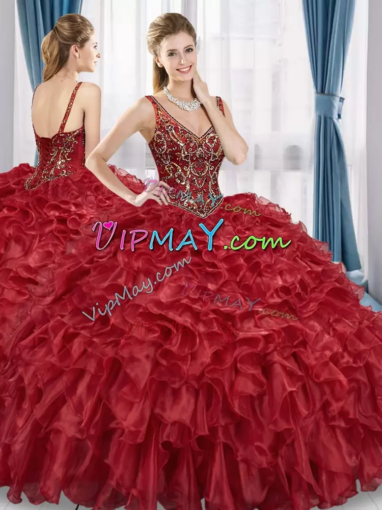 Unique Red Ball Gowns Organza V-neck Sleeveless Beading and Ruffles Floor Length Lace Up Vestidos de Quinceanera