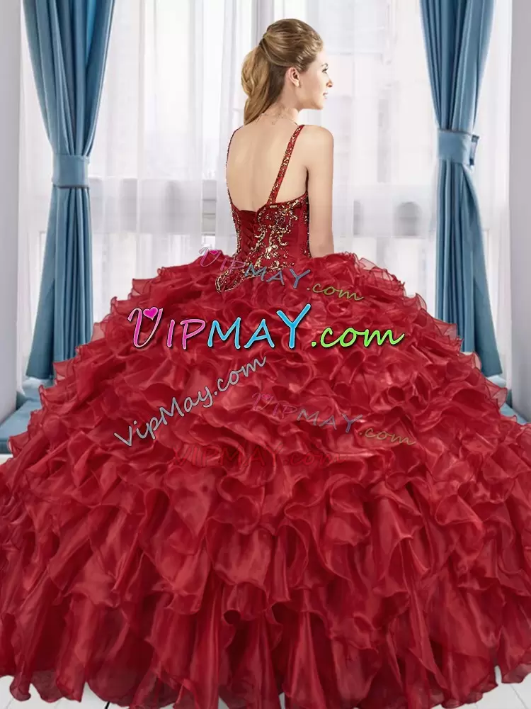 Unique Red Ball Gowns Organza V-neck Sleeveless Beading and Ruffles Floor Length Lace Up Vestidos de Quinceanera