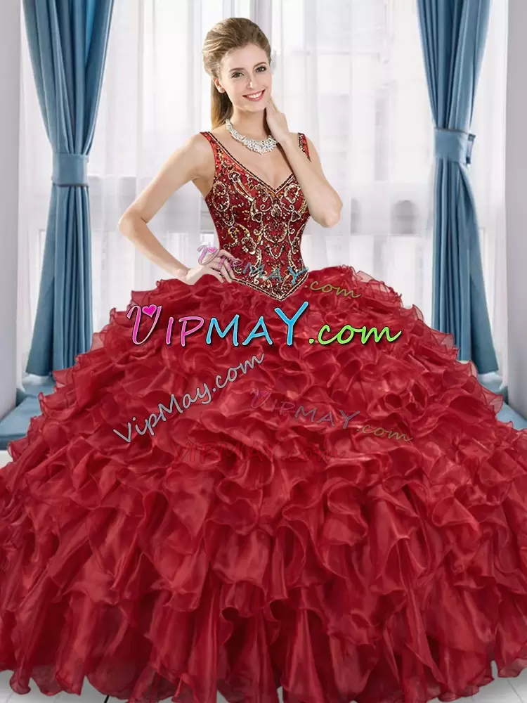 Unique Red Ball Gowns Organza V-neck Sleeveless Beading and Ruffles Floor Length Lace Up Vestidos de Quinceanera