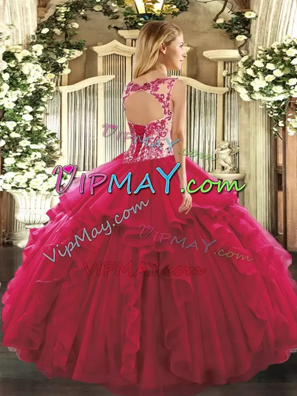 Sleeveless Organza Floor Length Lace Up Quinceanera Dress in Fuchsia with Beading and Ruffles