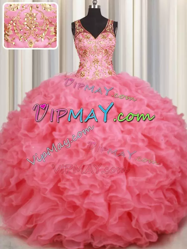 Clearance Pink Ball Gown Prom Dress Military Ball and Sweet 16 and Quinceanera with Beading and Ruffles V-neck Sleeveless Backless