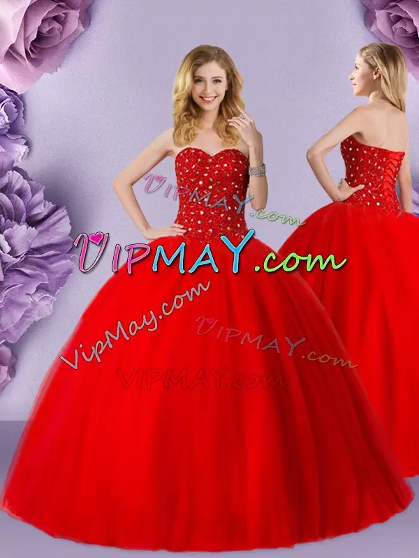 Red Ball Gowns Beading Sweet 16 Dresses Lace Up Tulle Sleeveless Floor Length