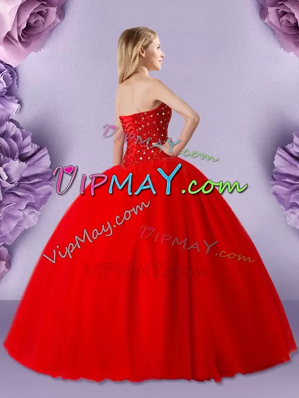 Red Ball Gowns Beading Sweet 16 Dresses Lace Up Tulle Sleeveless Floor Length