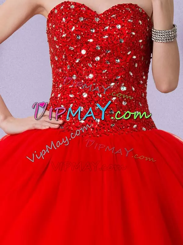 Red Ball Gowns Beading Sweet 16 Dresses Lace Up Tulle Sleeveless Floor Length