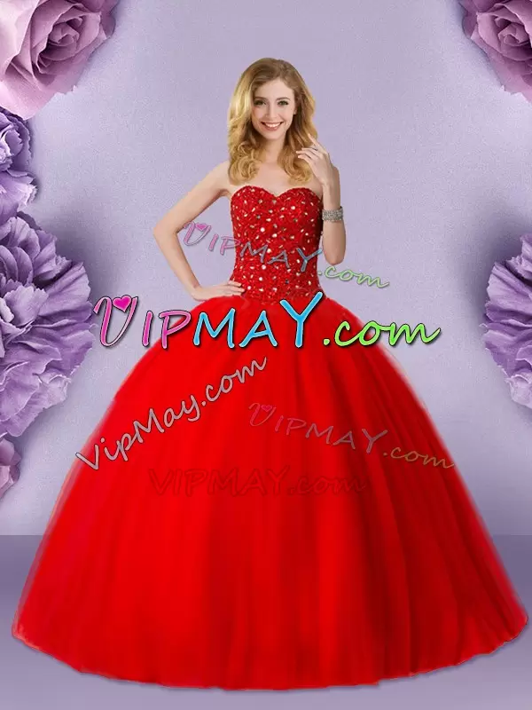 Red Ball Gowns Beading Sweet 16 Dresses Lace Up Tulle Sleeveless Floor Length