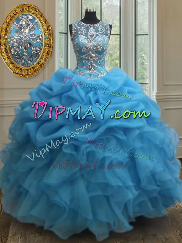 Suitable Baby Blue Scoop Neckline Beading and Ruffles and Pick Ups Ball Gown Prom Dress Sleeveless Lace Up