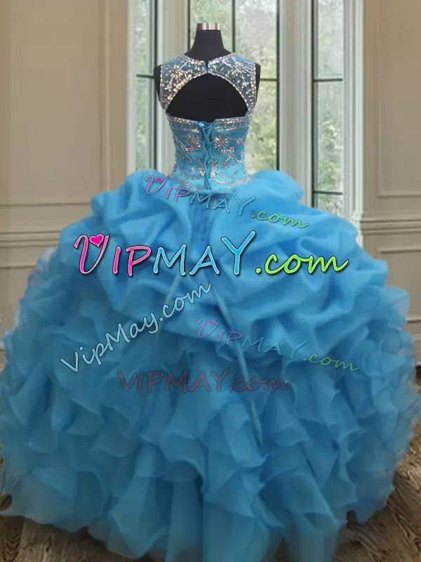 Suitable Baby Blue Scoop Neckline Beading and Ruffles and Pick Ups Ball Gown Prom Dress Sleeveless Lace Up