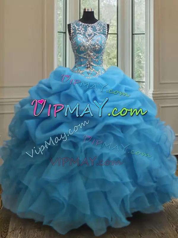 Suitable Baby Blue Scoop Neckline Beading and Ruffles and Pick Ups Ball Gown Prom Dress Sleeveless Lace Up