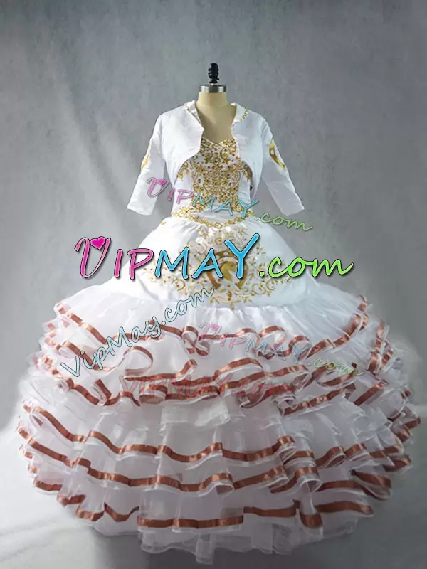 Mexico Themed White  Gold 15 Quinceanera Dress for Sweet 16 Party with Long Sleeved Jacket