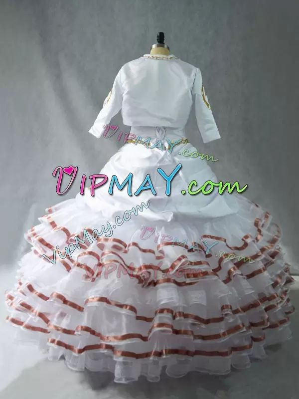 Mexico Themed White  Gold 15 Quinceanera Dress for Sweet 16 Party with Long Sleeved Jacket