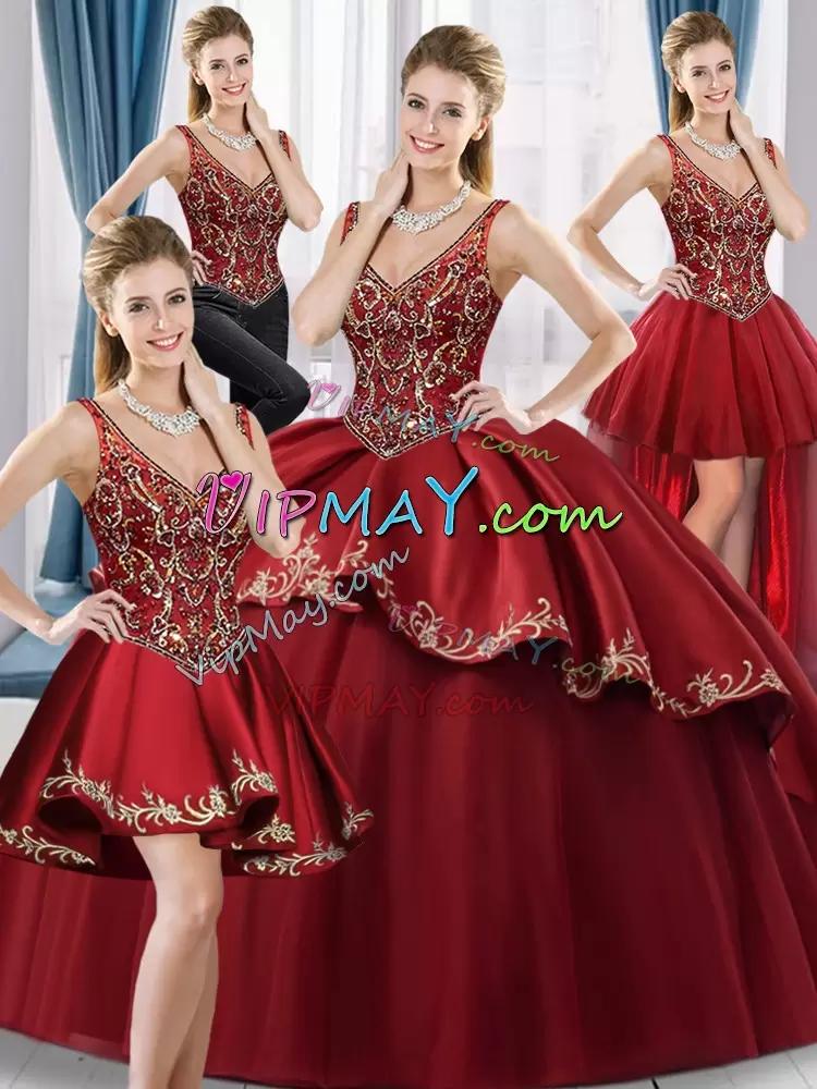 Stylish Beading and Embroidery 15 Quinceanera Dress Red Lace Up Sleeveless Floor Length