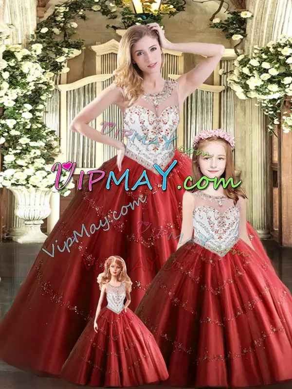 Admirable Ball Gowns 15 Quinceanera Dress Wine Red Scoop Tulle Sleeveless Floor Length Lace Up