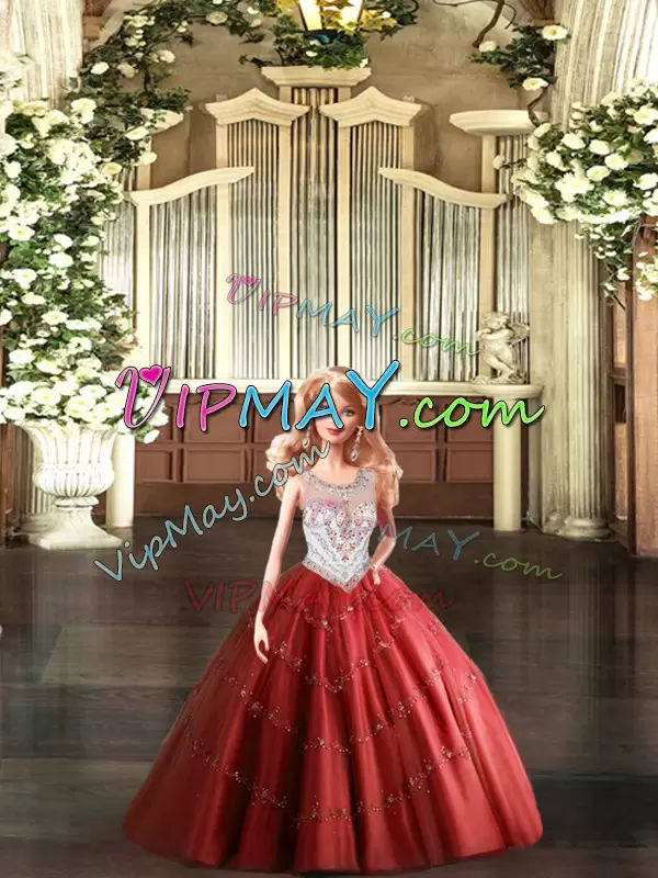 Admirable Ball Gowns 15 Quinceanera Dress Wine Red Scoop Tulle Sleeveless Floor Length Lace Up