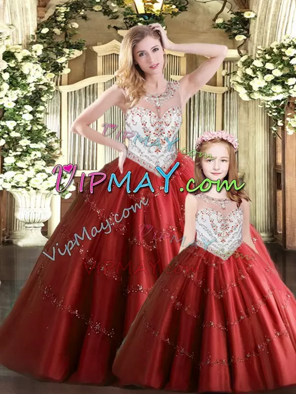 Admirable Ball Gowns 15 Quinceanera Dress Wine Red Scoop Tulle Sleeveless Floor Length Lace Up