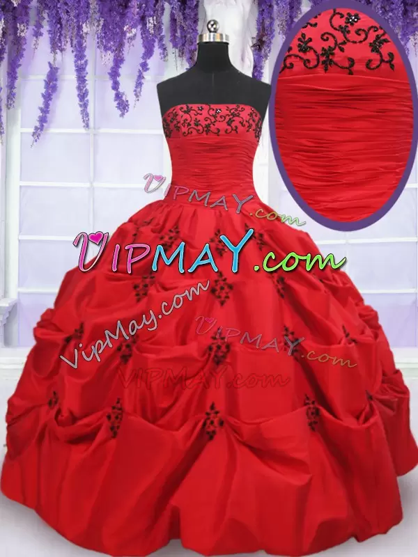 Taffeta Strapless Sleeveless Lace Up Appliques and Pick Ups Sweet 16 Dress in Red