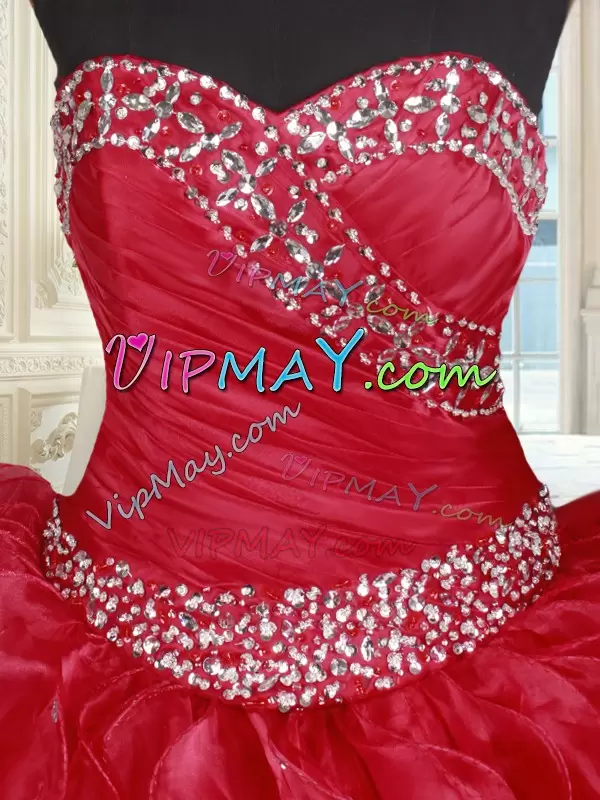 Suitable Red Lace Up Sweetheart Beading and Ruffles Quince Ball Gowns Organza Sleeveless