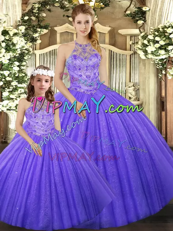 Hot Selling Sleeveless Halter Top Beading Lace Up Quince Ball Gowns