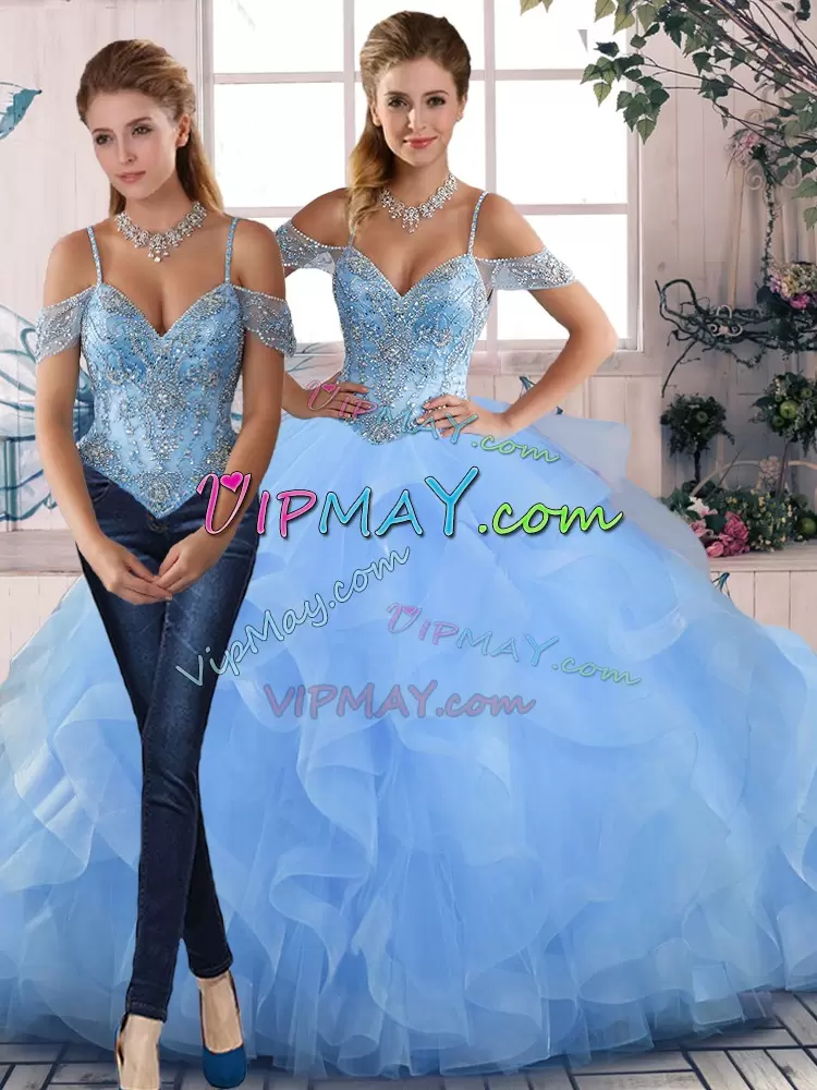 Off The Shoulder Sleeveless Quinceanera Gown Floor Length Beading and Ruffles Blue Tulle
