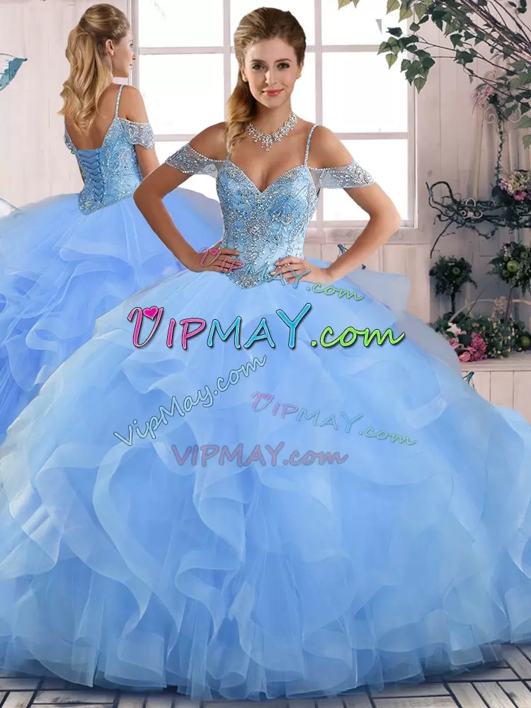 Off The Shoulder Sleeveless Quinceanera Gown Floor Length Beading and Ruffles Blue Tulle