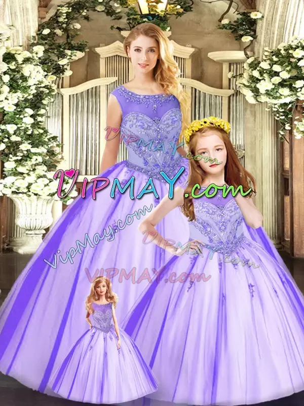 High Class Eggplant Purple Lace Up Scoop Beading Ball Gown Prom Dress Tulle Sleeveless