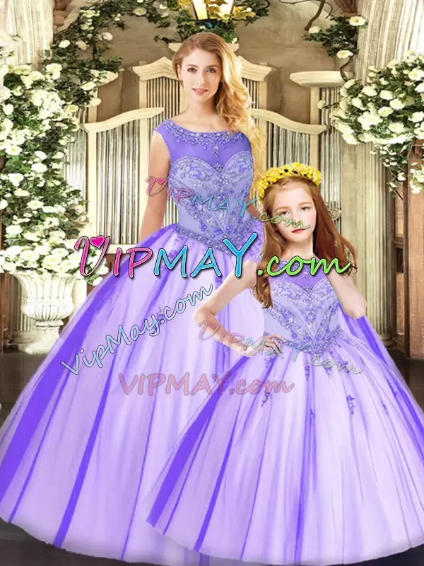 High Class Eggplant Purple Lace Up Scoop Beading Ball Gown Prom Dress Tulle Sleeveless