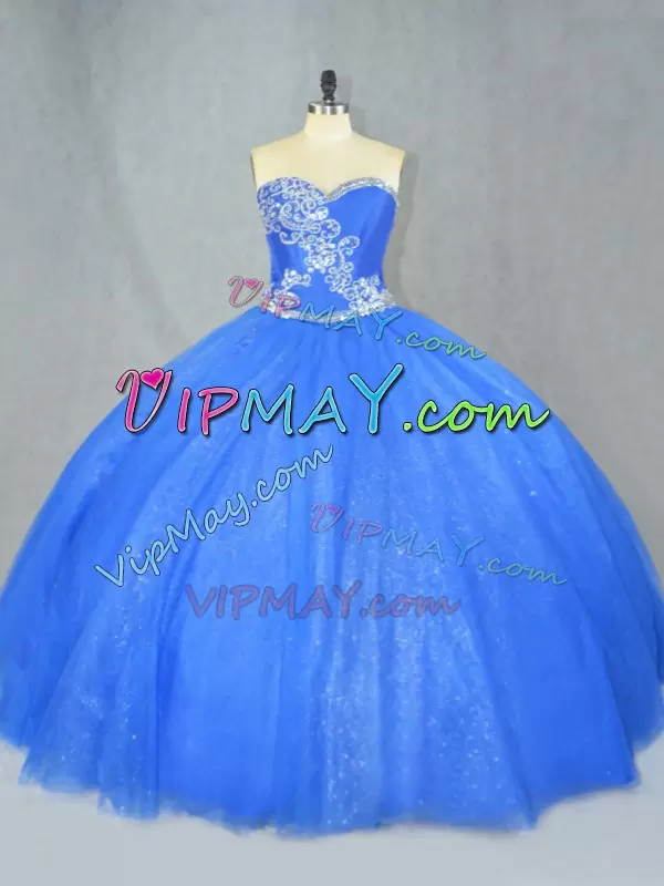 Blue Lace Up Sweetheart Beading 15th Birthday Dress Tulle Sleeveless