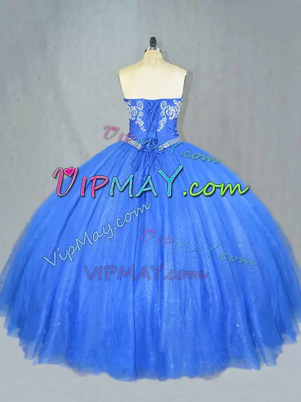 Blue Lace Up Sweetheart Beading 15th Birthday Dress Tulle Sleeveless