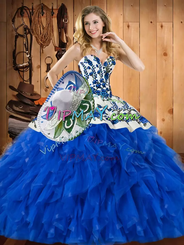 Designer Sleeveless Satin and Organza Floor Length Lace Up Ball Gown Prom Dress in Blue with Embroidery and Ruffles