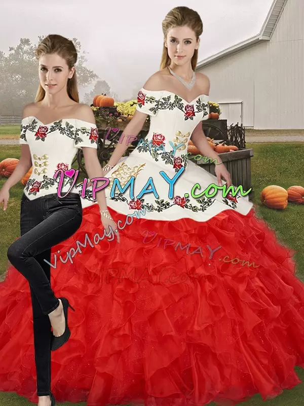 Fantastic Two Pieces Sweet 16 Quinceanera Dress White And Red Off The Shoulder Organza Sleeveless Floor Length Lace Up