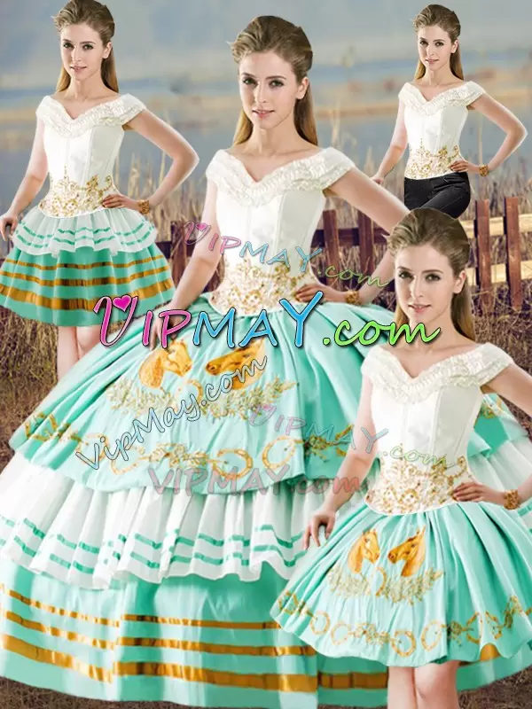 V-neck Sleeveless Lace Up Ball Gown Prom Dress Apple Green Satin Embroidery and Ruffled Layers