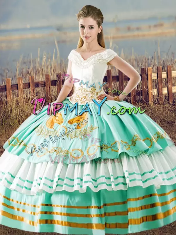 V-neck Sleeveless Lace Up Ball Gown Prom Dress Apple Green Satin Embroidery and Ruffled Layers