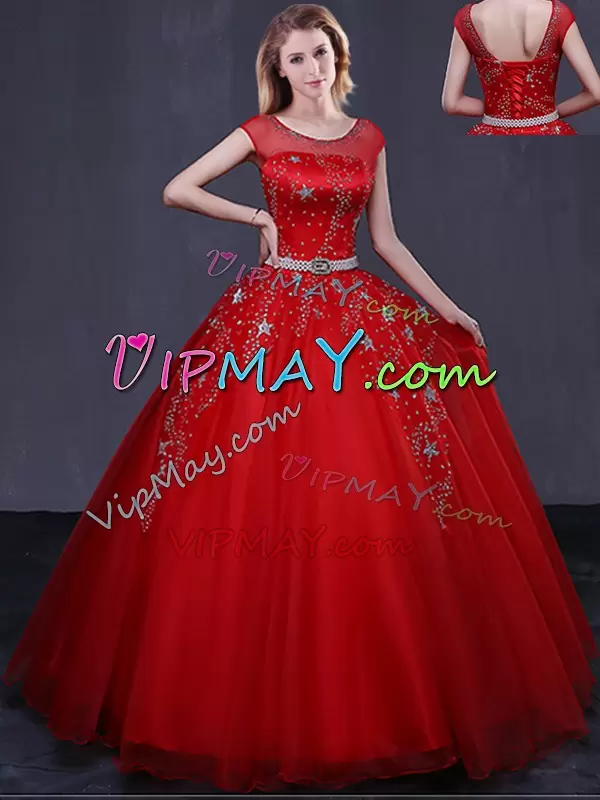 Tulle Scoop Cap Sleeves Lace Up Beading and Belt Quinceanera Dress in Red