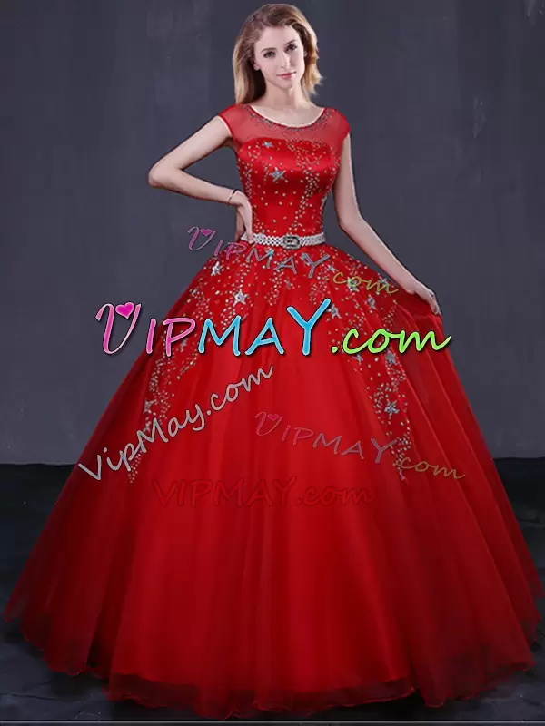 Tulle Scoop Cap Sleeves Lace Up Beading and Belt Quinceanera Dress in Red